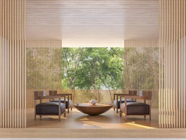 Doğa görünümü 3d işleme görüntü ile modern çağdaş oturma odası
