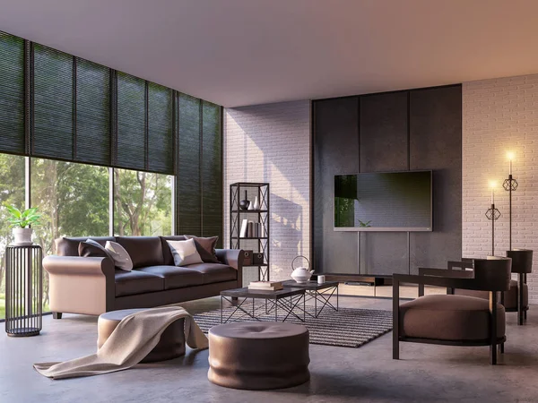 Doğa görünümü 3d işleme görüntü ile modern loft oturma odası