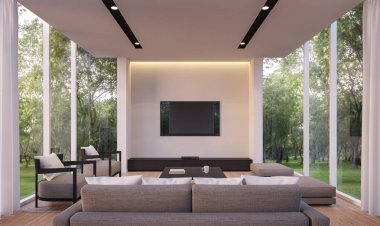 Modern oturma odası Bahçe Manzaralı 3d render resim
