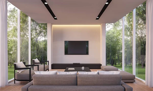 Sala de estar moderna com vista jardim 3D renderização Imagem — Fotografia de Stock