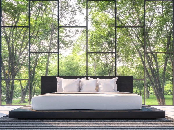 Modern bedroom with garden view 3d rendering Image
