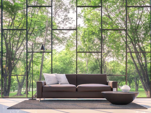 Moderne woonkamer met uitzicht op de tuin 3D-rendering afbeelding — Stockfoto