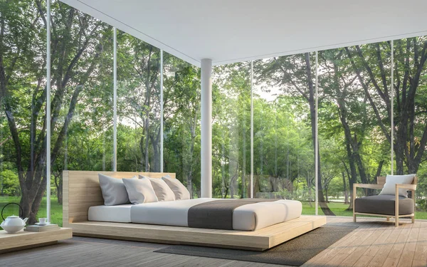 Sala de estar moderna con vista al jardín 3D representación Imagen — Foto de Stock