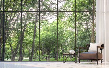 Modern oturma odası Bahçe Manzaralı 3d render resim.