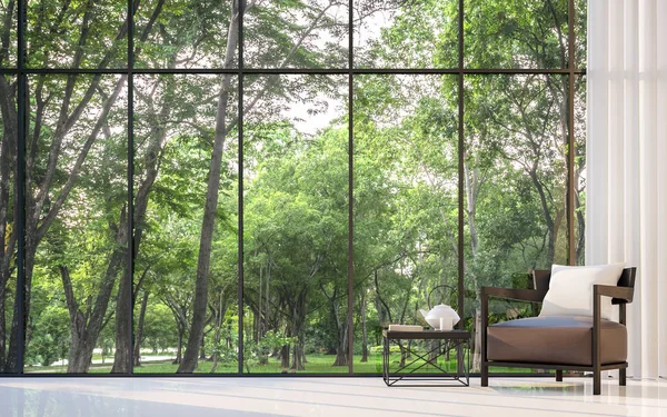 Sala de estar moderna con vista al jardín 3D representación Imagen . —  Fotos de Stock