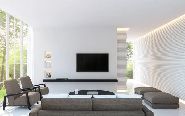 Sala de estar branca moderna decorar parede com padrão de linha e luz quente escondida imagem de renderização 3d — Fotografia de Stock