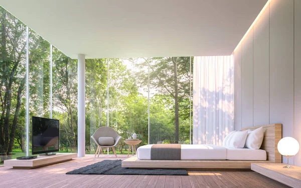 Kamar tidur modern dengan pemandangan taman di pagi hari gambar render 3d — Stok Foto