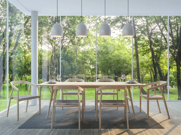 Salle à manger moderne dans la maison en verre 3d rendre l'image — Photo