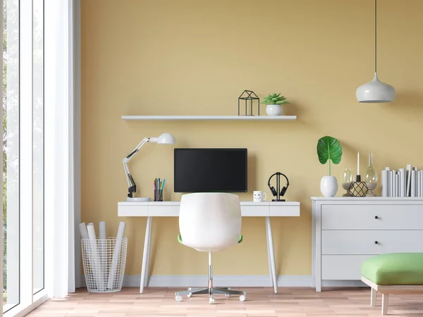 Modern vintage working room with yellow wall 3d rendering image