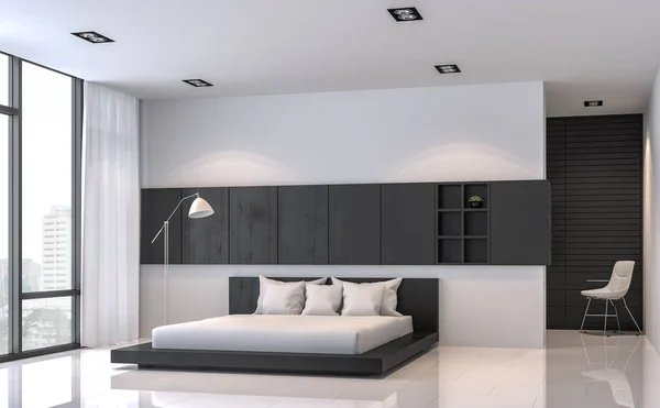 Nowoczesna sypialnia czarno-białe wnętrze minimalistycznym stylu 3d renderowania obrazu — Zdjęcie stockowe