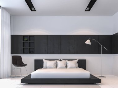Modern siyah beyaz yatak odası iç en az tarzı 3d render resim