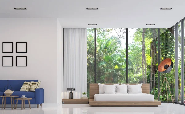 Modern white bedroom and living room with nature view 3d render image — Stock Photo, Image