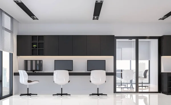 Nowoczesne biuro czarno-białe wnętrze minimalistycznym stylu 3d renderowania obrazu — Zdjęcie stockowe
