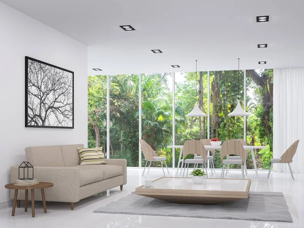 Modern fehér nappali és étkező a természettel Nézd 3d render-kép — Stock Fotó
