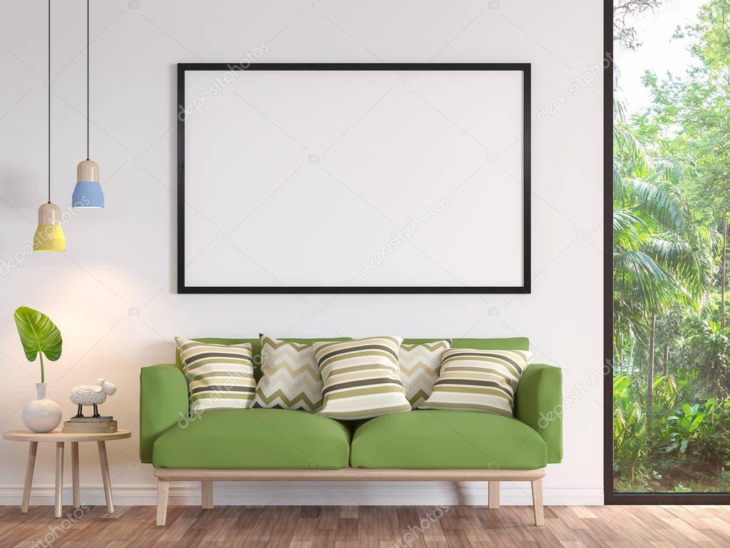 Modern white living room with blank frame 3d render image