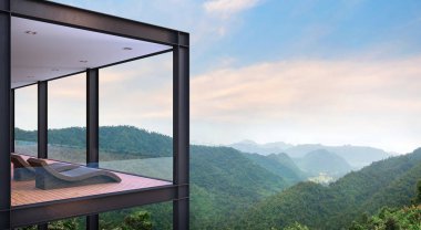Modern çelik yapı ev Teras manzaralı 3d işleme görüntü ile