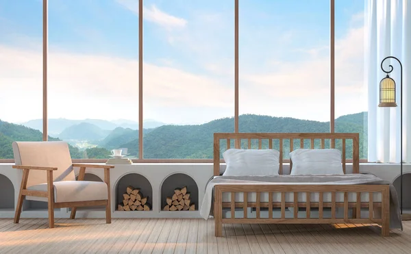 Μοντέρνα κρεβατοκάμαρα με θέα στο βουνό απόδοσης 3d εικόνας — Φωτογραφία Αρχείου