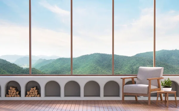 Salon moderne avec vue sur la montagne rendu 3d Image — Photo