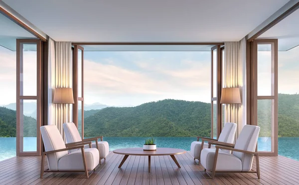 Pool villa living room with mountain view 3d rendering image — Stock Photo, Image