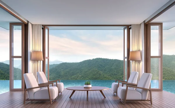 Havuz villa oturma odası dağ manzaralı 3d render resim ile