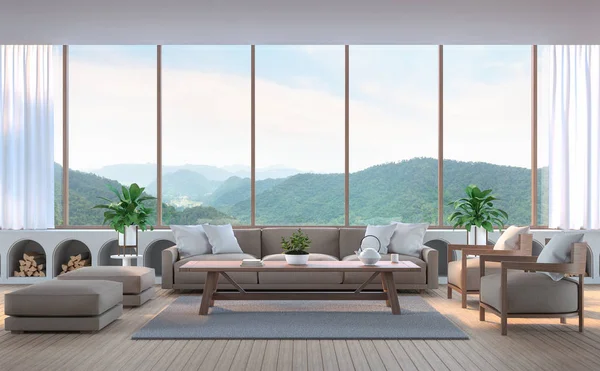 Modern living room with mountain view 3d rendering image — Stock Photo, Image