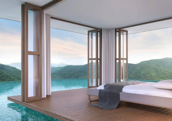 Pool villa bedroom with mountain view 3d rendering image — Stock Photo, Image