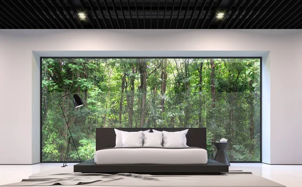 Modern fekete-fehér hálószoba erdő 3d megjelenítő kép megtekintése — Stock Fotó