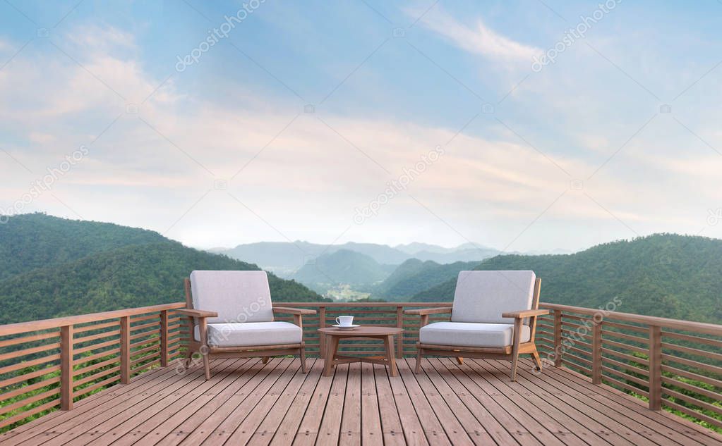 Wood balcony with mountain view 3d rendering image