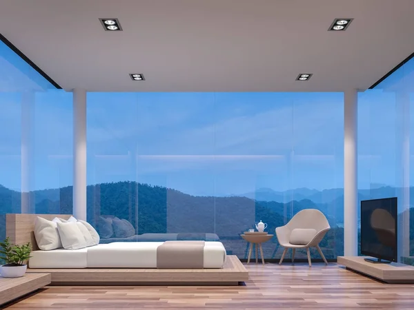 Noite cena de vidro casa quarto com vista montanha 3d imagem de renderização — Fotografia de Stock