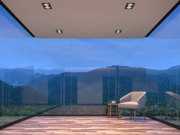 Нічна сцена скляний будинок вітальня з видом на гори 3d рендеринг зображення — стокове фото