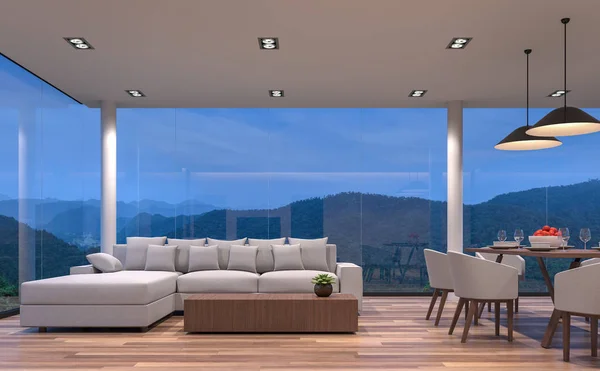 Nacht scène glazen huis woon- en eetkamer met uitzicht op de bergen 3d rendering beeld — Stockfoto
