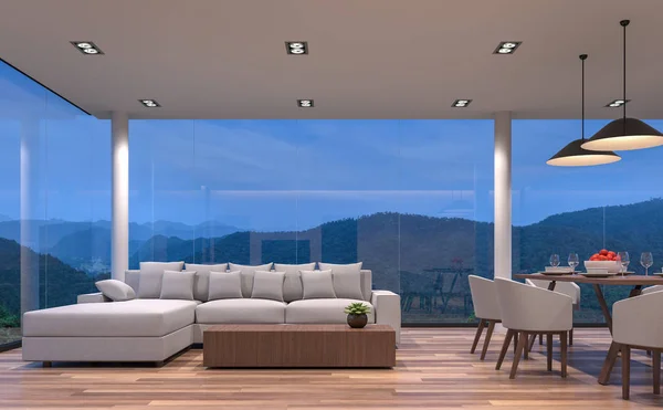 Gece sahne cam ev oturma ve yemek odası dağ manzaralı 3d render resim ile