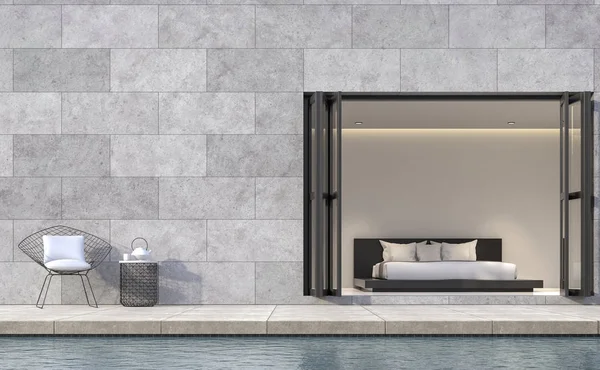 スイミング プール 3 d レンダリング イメージでモダンなロフト スタイルのベッドルーム テラス — ストック写真