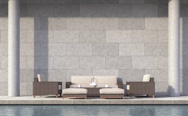 Modern loft style pool terrace 3d rendering image.There are concrete walls grooved in the pattern of brick.furnished with rattan furniture clipart