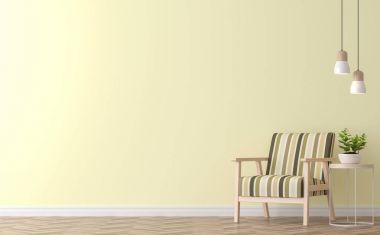 Sarı duvar 3d işleme görüntü ile modern vintage oturma odası. Orada sarı boya duvar ve ahşap zemin, vintage ahşap sandalye ile Funished