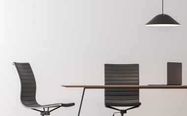 Modern çalışma odası iç en az tarzı görüntü 3d render. Orada boş beyaz duvar, siyah sandalye ve ahşap Resepsiyon