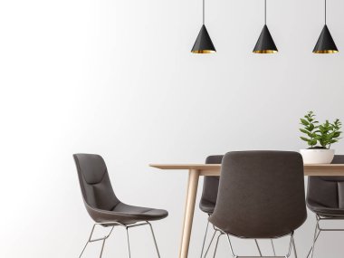 Modern yemek odası iç en az tarzı görüntü 3d render, orada boş beyaz duvar, deri koltuk ve ahşap Resepsiyon vardır