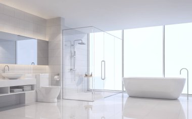 Modern beyaz banyo 3d işleme görüntü. Beyaz çini duvar ve zemin vardır. Oda büyük pencereler vardır. Sahne dışında görmek isteyen.