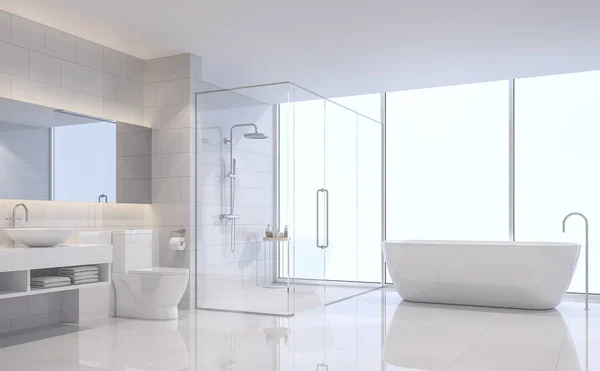 Modern beyaz banyo 3d işleme görüntü. Beyaz çini duvar ve zemin vardır. Oda büyük pencereler vardır. Sahne dışında görmek isteyen.