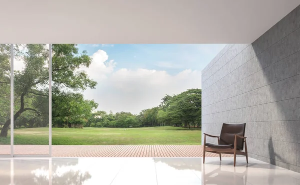 现代阁楼客厅与花园景观3D 渲染图像 房间有白色的瓷砖地板 有大开的门 俯瞰木制露台和大花园 — 图库照片