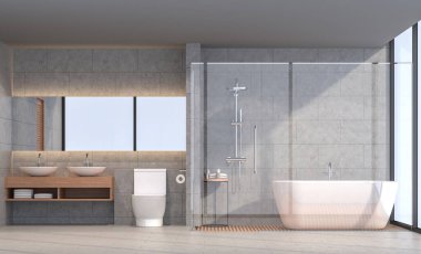Modern loft banyo 3d işleme görüntü. Beton kiremit duvar ve zemin vardır. Oda büyük pencereler vardır. Sahne dışında görmek isteyen.