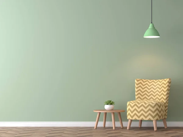Yeşil duvar 3d işleme görüntü ile modern vintage oturma odası. Minimalist tarzı görüntü, yeşil boş duvar ve sarı mobilya