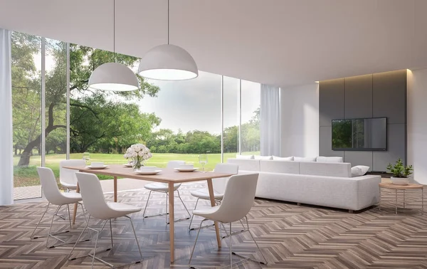 Modern yemek ve oturma odası Bahçe ile 3d render resim görüntüleyin. Odalar ahşap zeminler, büyük açık kapılar vardır. Ahşap Teras ve büyük bahçeye bakan.