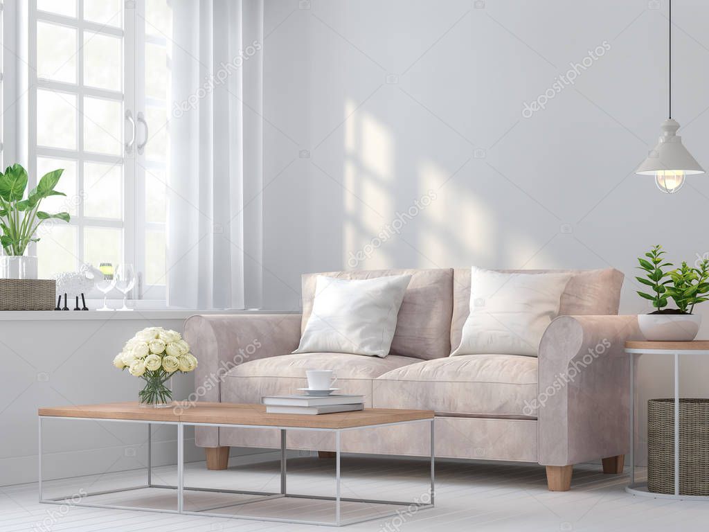 Vintage living room 3d rendering image.The Rooms have white wooden floors and white walls. There are white window overlooking to the nature. 