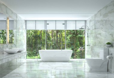 Modern lüks banyo doğa görünümü 3d işleme görüntü ile. Beyaz mermer döşeme duvar ve zemin vardır. Oda büyük pencereler vardır. Doğa görmek isteyen.