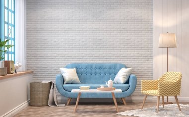 Vintage living room 3d rendering image.The Rooms have  wooden floors and white brick walls.furnished with blue sofa and yellow chair There are blue window overlooking to the nature.  clipart