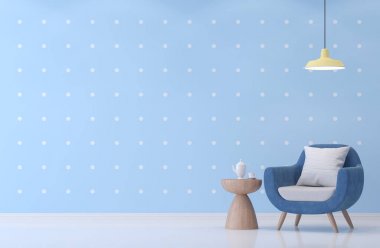 Modern living room with blue and white dot wallpaper 3d rendering image.There are minimalist style image. Furnished with Blue armchair and wooden stool.Decorate with yellow loft lamp. clipart