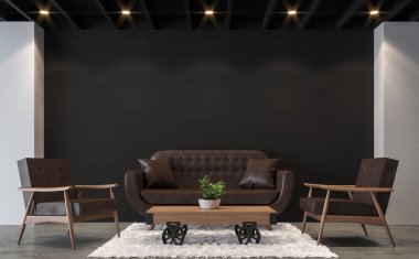 Modern loft living room with black and white 3d rendering image.There are polished concrete floor,black wall and black wood ceiling furnished with brown leather furniture  clipart