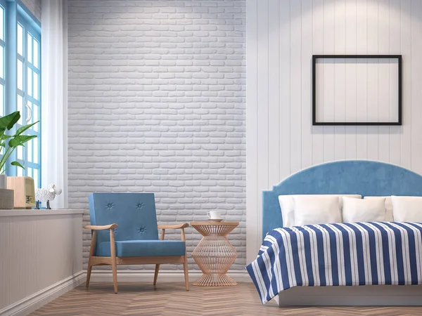 Vintage bedroom with blue furniture 3d rendering image.The Rooms have  wooden floors and white brick walls.furnished with blue furniture There are blue window overlooking to the nature.