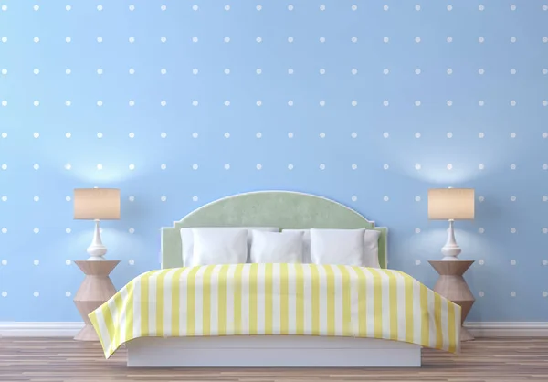 Pastel bedroom with blue and white dot wallpaper 3d rendering image.There are wooden floor. Furnished with white bed and yellow blanket